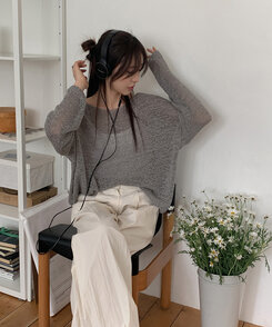 ニット ボートネックシースルー長袖ニット GRAY