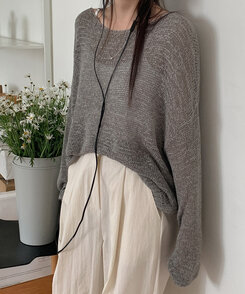 ニット ボートネックシースルー長袖ニット GRAY