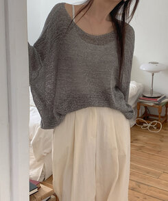 ニット ボートネックシースルー長袖ニット GRAY