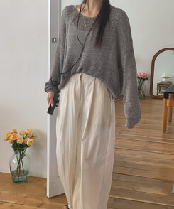 ニット ボートネックシースルー長袖ニット GRAY