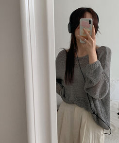 ニット ボートネックシースルー長袖ニット GRAY