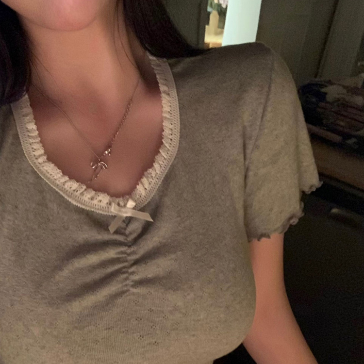 アイレットリボンレースフリル半袖Tシャツ5色 GRAY