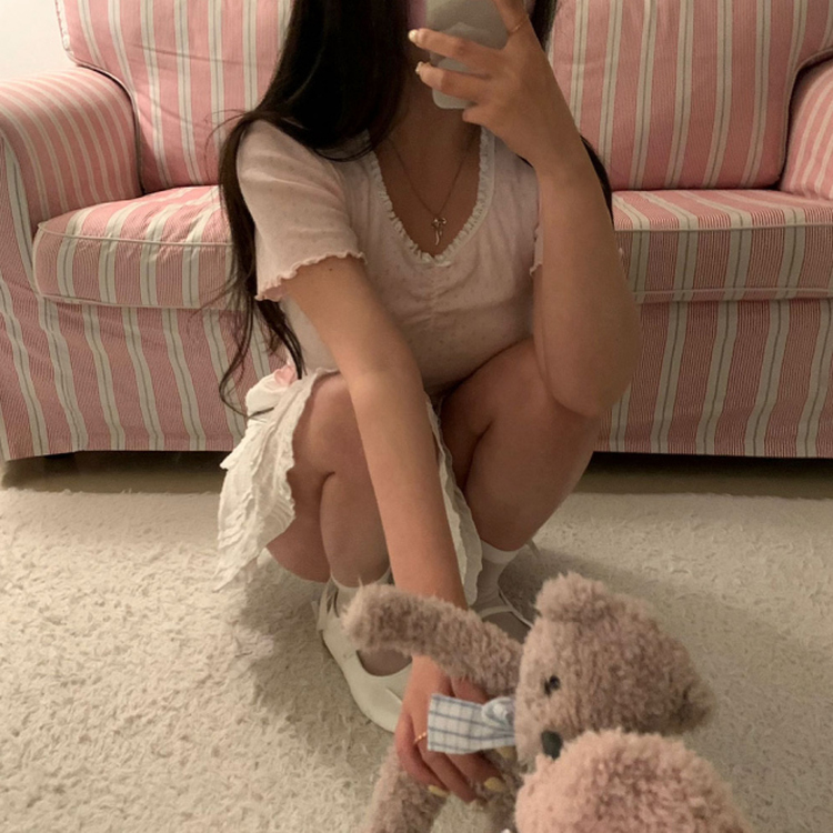 アイレットリボンレースフリル半袖Tシャツ5色 PINK