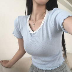 半袖Tシャツ アイレットリボンレースフリル半袖Tシャツ5色 SKY BLUE