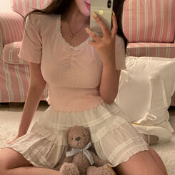半袖Tシャツ アイレットリボンレースフリル半袖Tシャツ5色 PINK