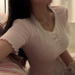 半袖Tシャツ アイレットリボンレースフリル半袖Tシャツ5色 PINK