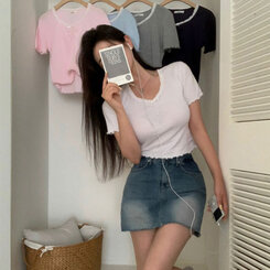 半袖Tシャツ アイレットリボンレースフリル半袖Tシャツ5色 WHITE