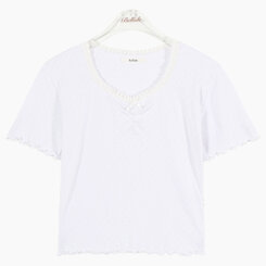 半袖Tシャツ アイレットリボンレースフリル半袖Tシャツ5色