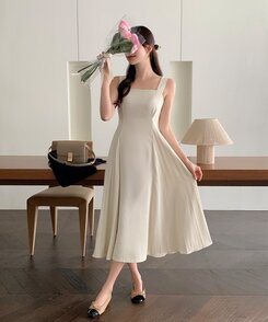 ロングワンピース サイドプリーツロングワンピース Cream