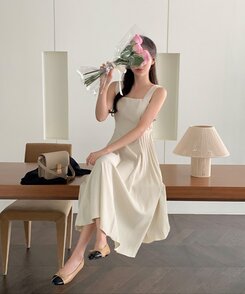 ロングワンピース サイドプリーツロングワンピース Cream