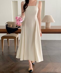 ロングワンピース サイドプリーツロングワンピース Cream