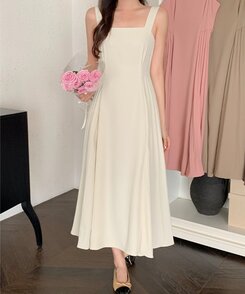 ロングワンピース サイドプリーツロングワンピース Cream