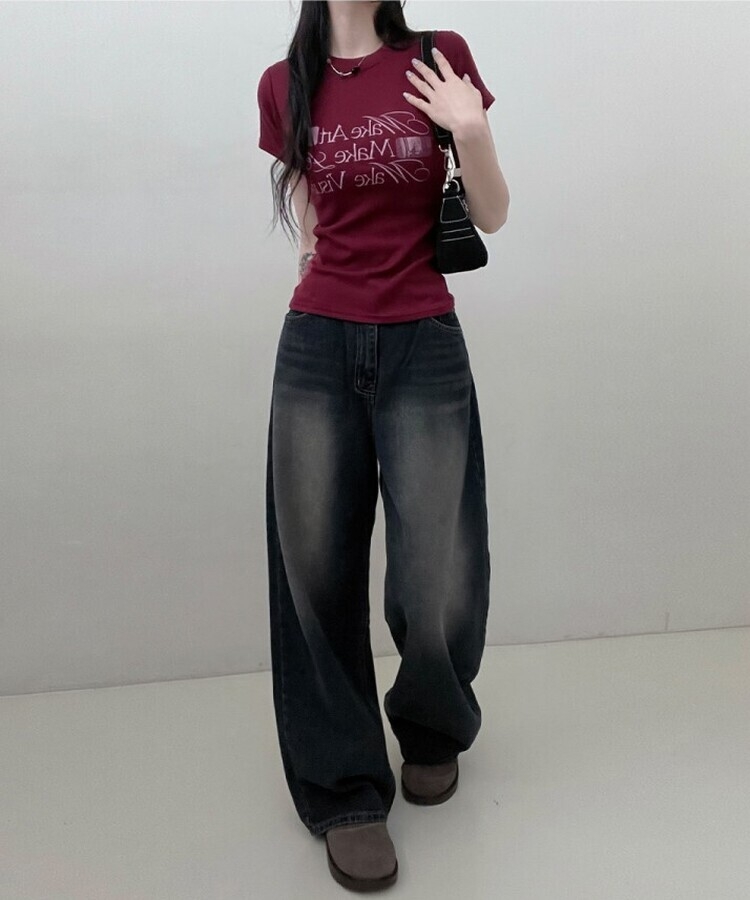 スリムフィットプリンティング半袖Tシャツ WINE