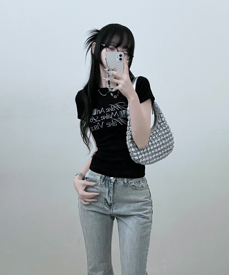 スリムフィットプリンティング半袖Tシャツ BLACK