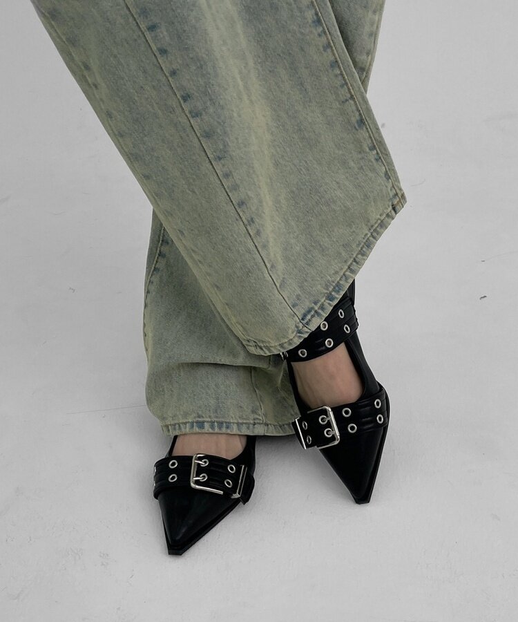 レザーバックルフラットシューズ BLACK