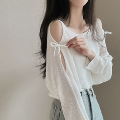 ニット リボンシースルースリットショルダーニット5色 IVORY