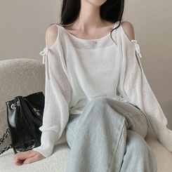 ニット リボンシースルースリットショルダーニット5色 IVORY