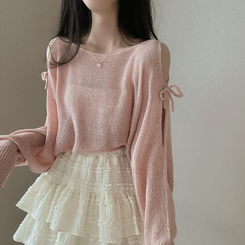 ニット リボンシースルースリットショルダーニット5色 PINK