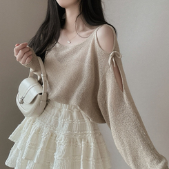 ニット リボンシースルースリットショルダーニット5色 BEIGE