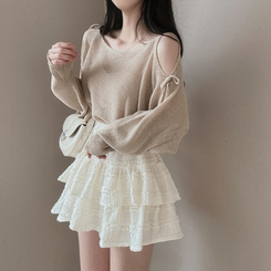 ニット リボンシースルースリットショルダーニット5色 BEIGE