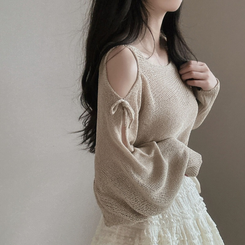 ニット リボンシースルースリットショルダーニット5色 BEIGE