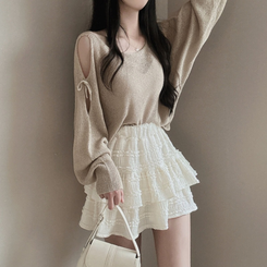 ニット リボンシースルースリットショルダーニット5色 BEIGE
