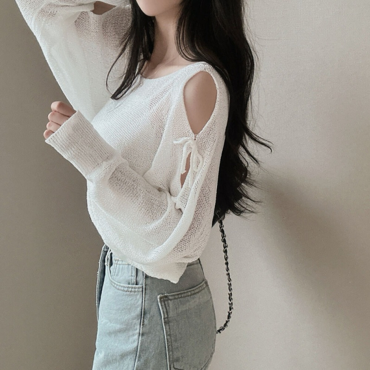 ニット リボンシースルースリットショルダーニット5色 IVORY