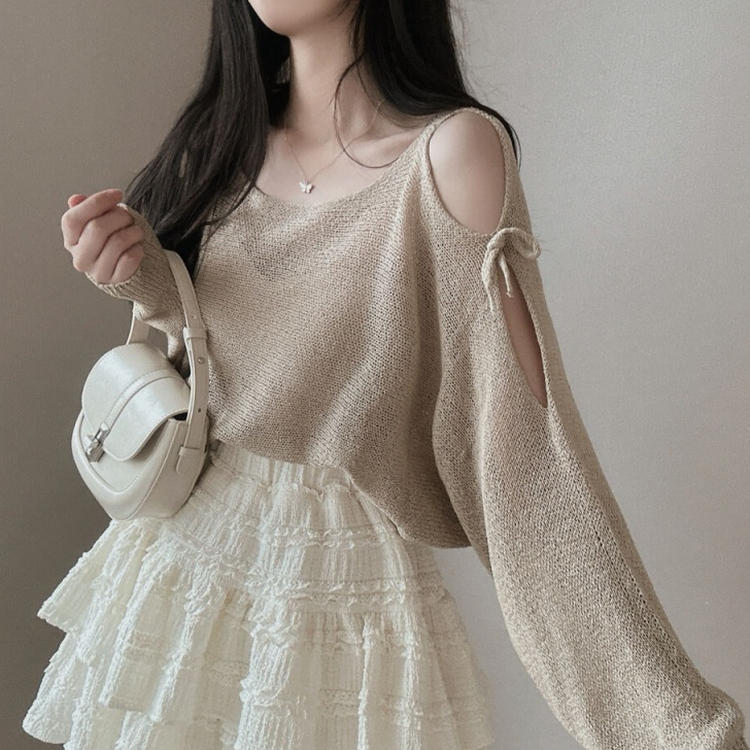 リボンシースルースリットショルダーニット５色 BEIGE