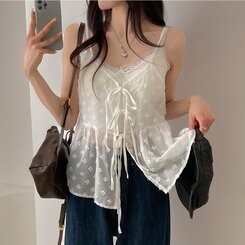 ブラウス リボンシースルーレースキャミソールブラウス IVORY