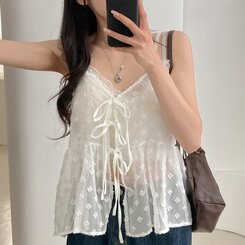 ブラウス リボンシースルーレースキャミソールブラウス IVORY