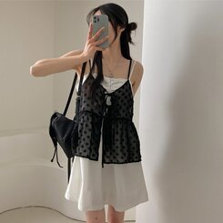 ブラウス リボンシースルーレースキャミソールブラウス BLACK