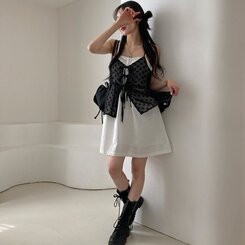 ブラウス リボンシースルーレースキャミソールブラウス BLACK
