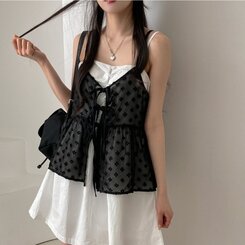 ブラウス リボンシースルーレースキャミソールブラウス BLACK