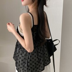ブラウス リボンシースルーレースキャミソールブラウス BLACK