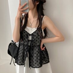 ブラウス リボンシースルーレースキャミソールブラウス BLACK