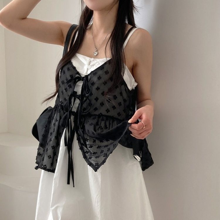 リボンシースルーレースキャミソールブラウス BLACK