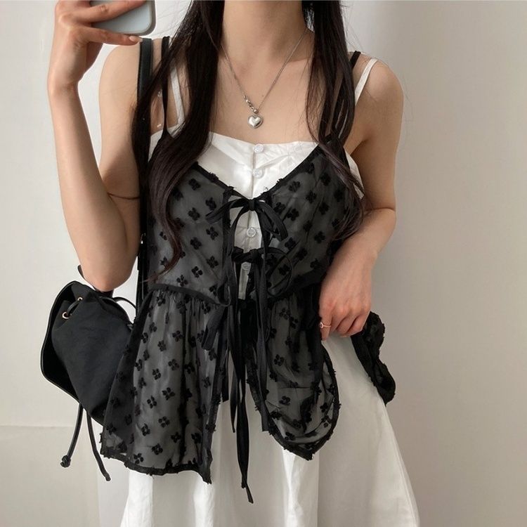 リボンシースルーレースキャミソールブラウス BLACK