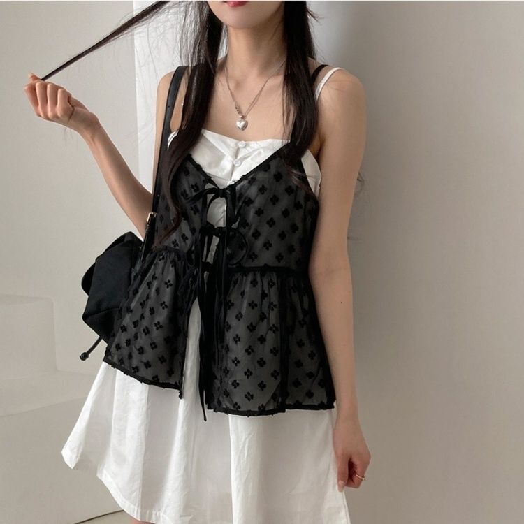 リボンシースルーレースキャミソールブラウス BLACK