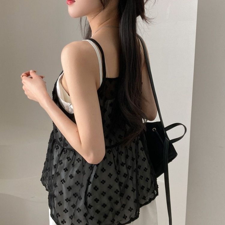 リボンシースルーレースキャミソールブラウス BLACK