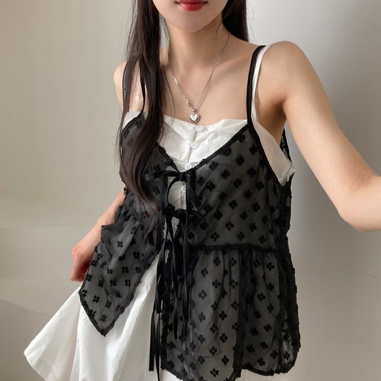 リボンシースルーレースキャミソールブラウス BLACK