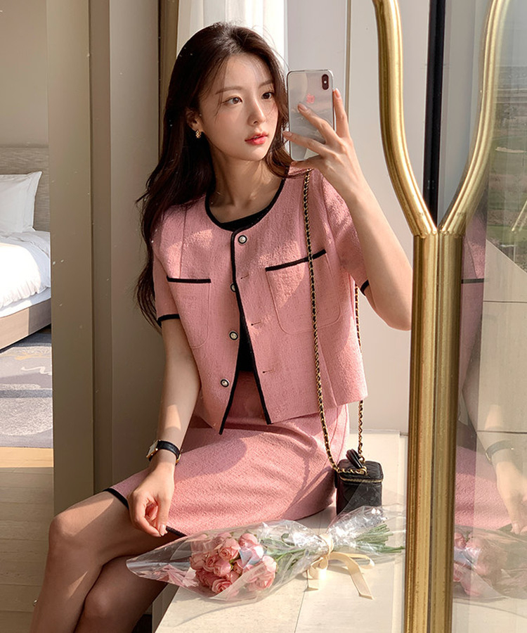 配色ラインツイードセットアップ｜ツーピース｜韓国ファッション