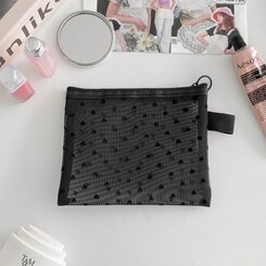 ファッション雑貨 ハートブラックメッシュネットポーチ BLACK