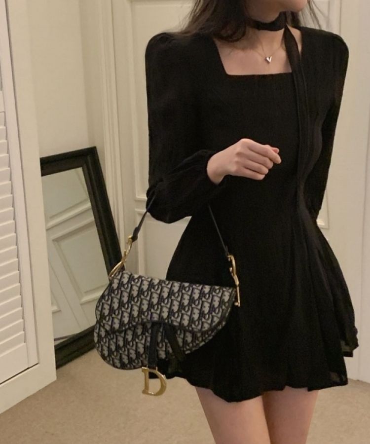 スカーフ】シフォンスクエアネックパフフレアミニワンピース