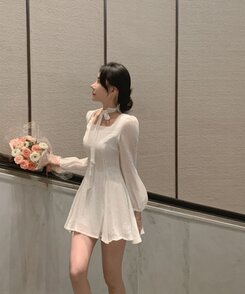 スカーフ】シフォンスクエアネックパフフレアミニワンピース