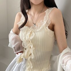 ノースリーブ レースUネッククロップニットキャミソール BEIGE