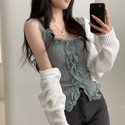 ノースリーブ レースUネッククロップニットキャミソール GRAY
