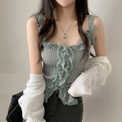ノースリーブ レースUネッククロップニットキャミソール GRAY