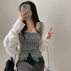 ノースリーブ レースUネッククロップニットキャミソール GRAY