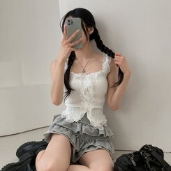 ノースリーブ レースUネッククロップニットキャミソール IVORY