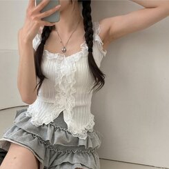 ノースリーブ レースUネッククロップニットキャミソール IVORY